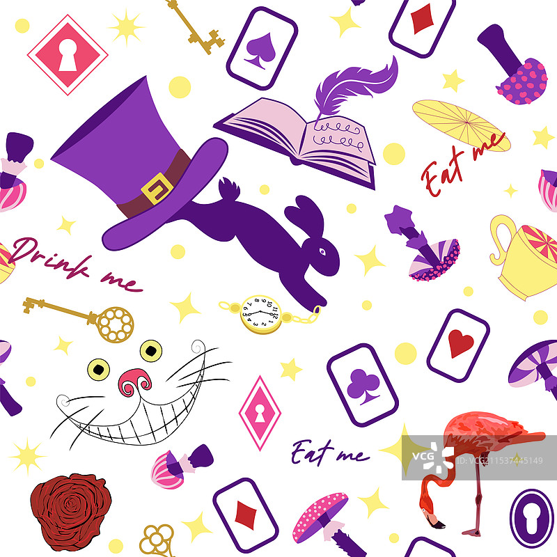 仙境图案元素：兔子和柴郡猫图片素材