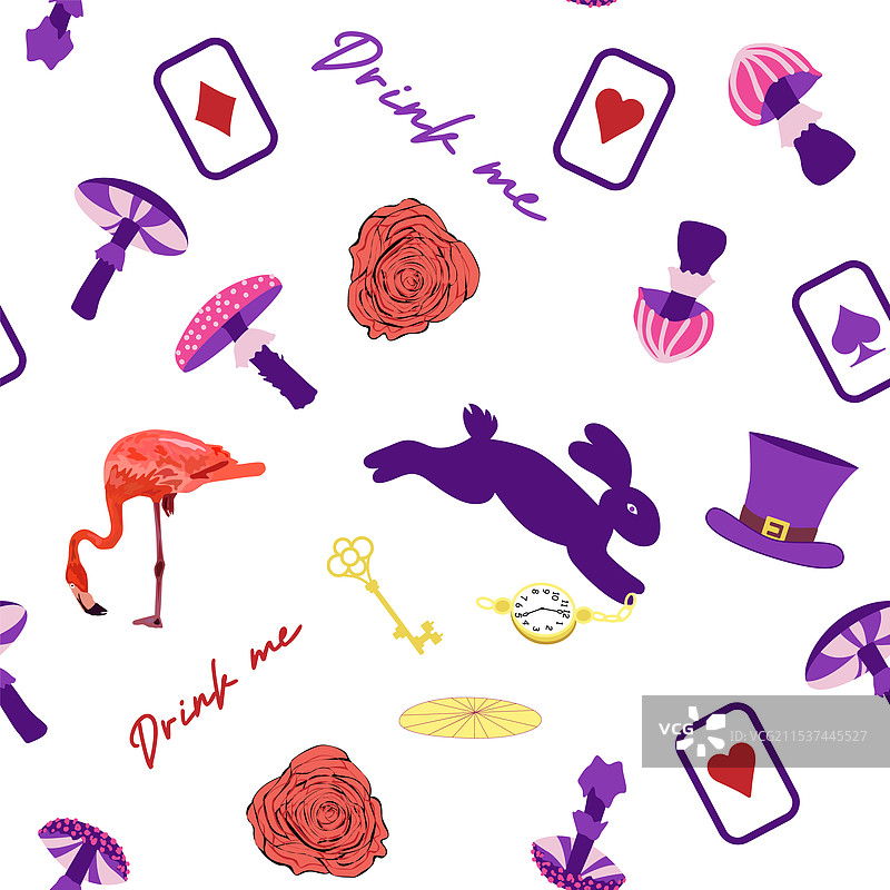 仙境图案元素：兔子和柴郡猫图片素材