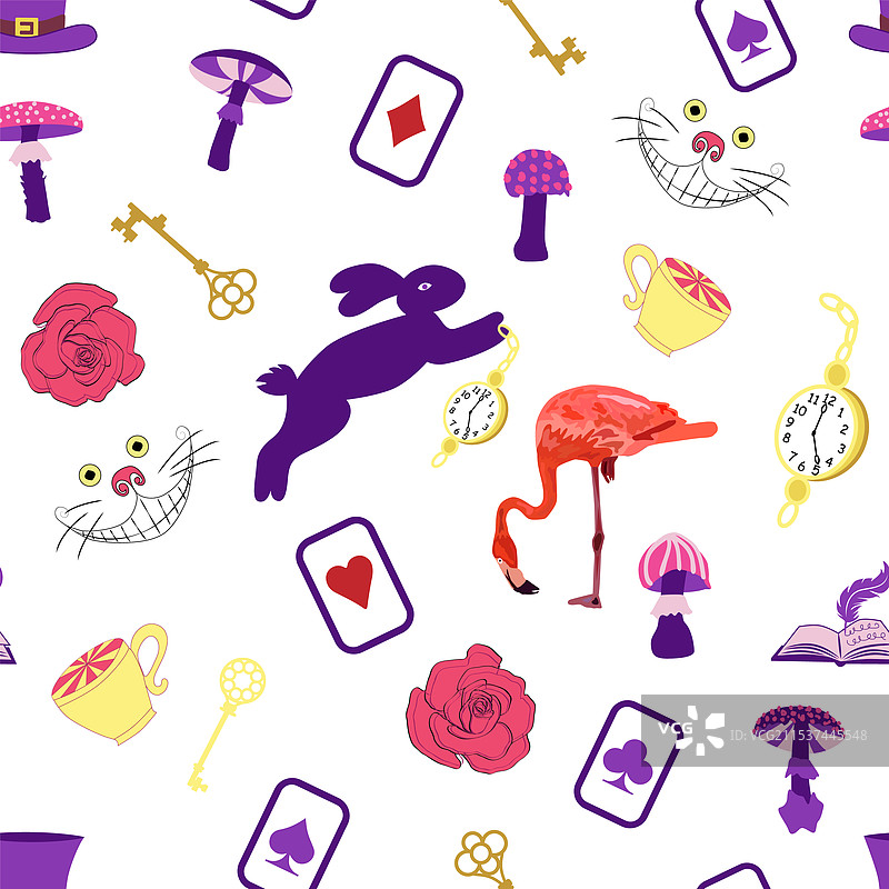 仙境图案元素：兔子和柴郡猫图片素材