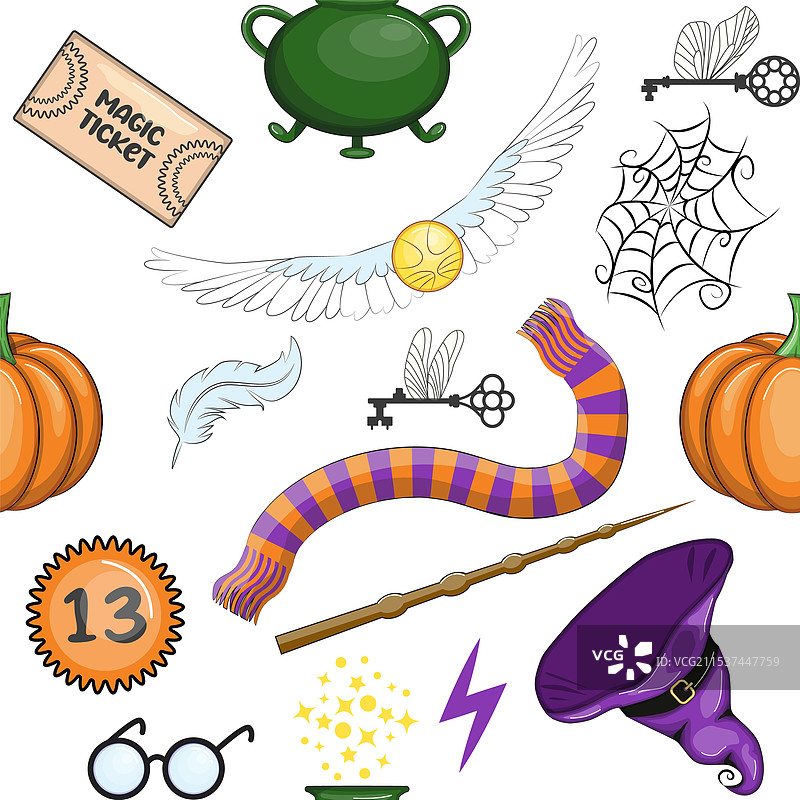 卡通风格的魔法物品无缝图案，色彩鲜艳图片素材