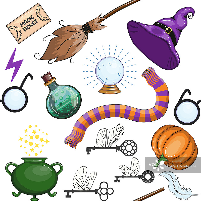 卡通风格的魔法物品无缝图案，色彩鲜艳图片素材