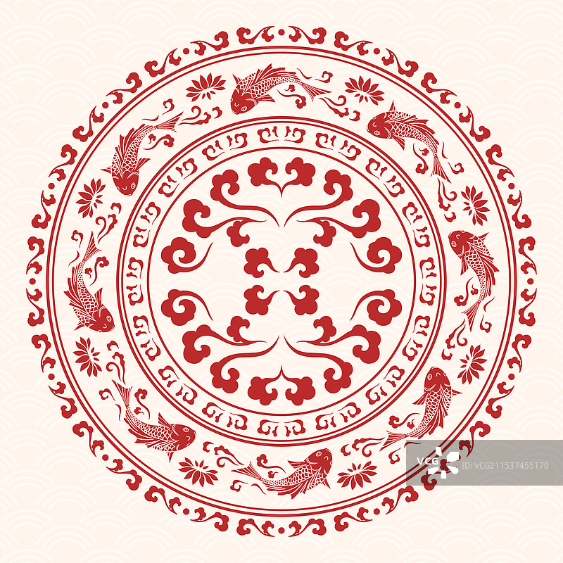 中式圆形祥云锦鲤剪纸窗花图片素材