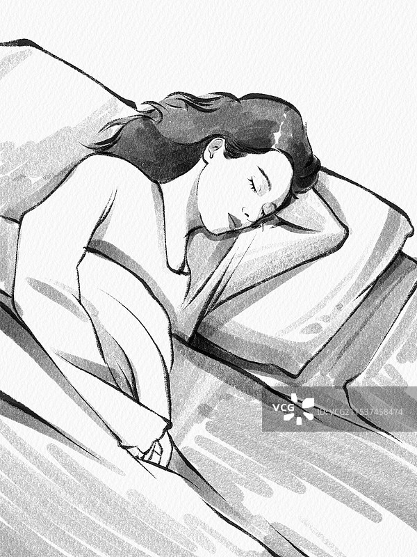 正在睡觉的女人速写素描手绘治愈系黑白插画图片素材