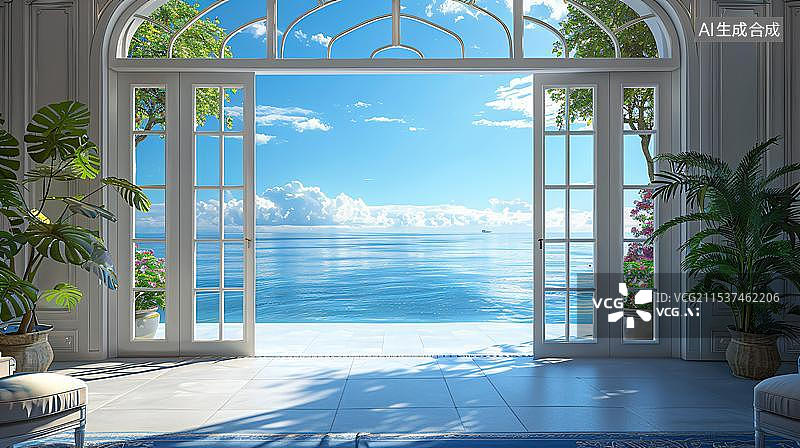 【AI数字艺术】从卧室窗户看海景图片素材