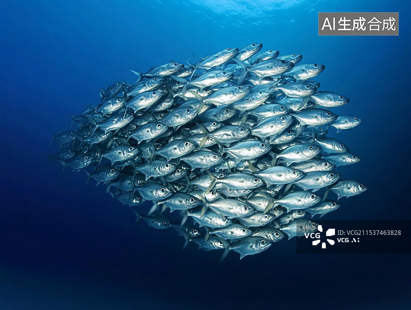 【AI数字艺术】一群鱼在深海中聚集在一起，形成一个紧密而迷人的团体，展示了水下世界海洋生物的美丽。图片素材