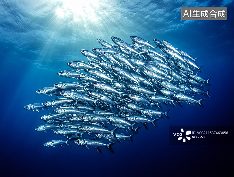 【AI数字艺术】一群鱼在深海中聚集在一起，形成一个紧密而迷人的团体，展示了水下世界海洋生物的美丽。图片素材