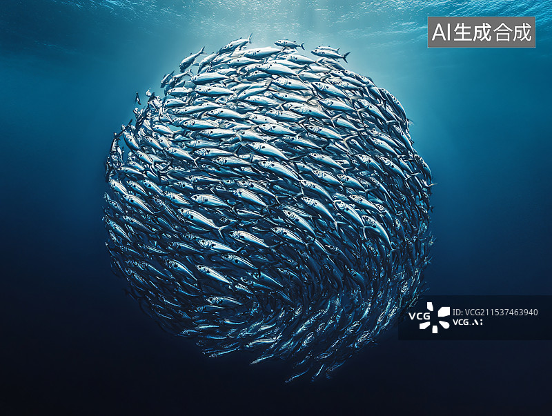 【AI数字艺术】一群鱼在深海中聚集在一起，形成一个紧密而迷人的团体，展示了水下世界海洋生物的美丽。图片素材