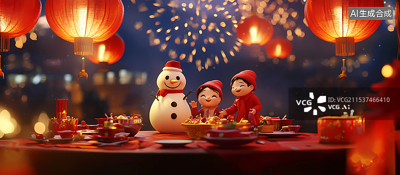 【AI数字艺术】节日里的庆祝除夕夜快乐家庭聚餐图片素材