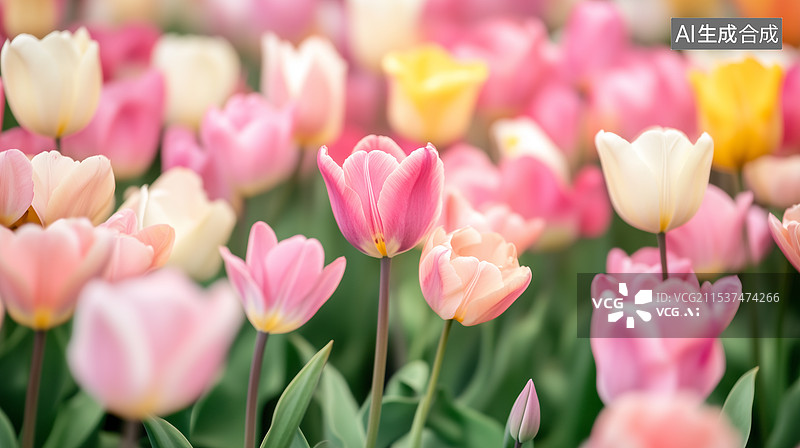 【AI数字艺术】春日粉色郁金香花海图片素材