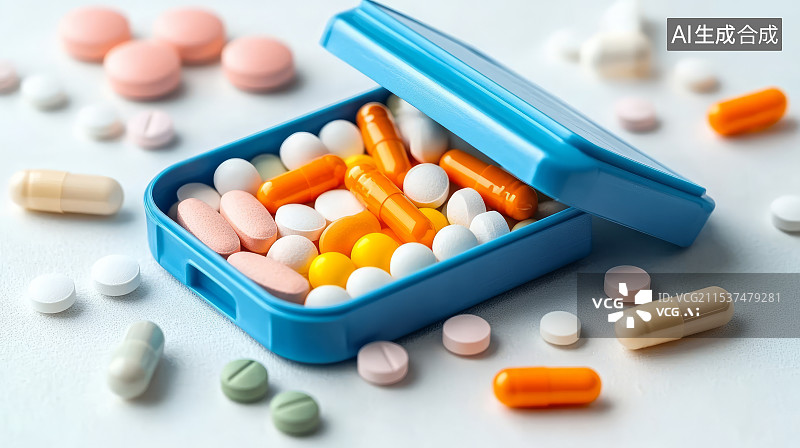 【AI数字艺术】装满药片胶囊的药盒，医疗医药概念图片素材