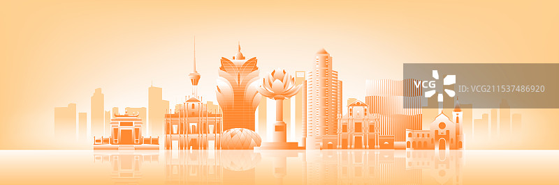 橙色澳门城市建筑科技现代剪影矢量插画海报图片素材