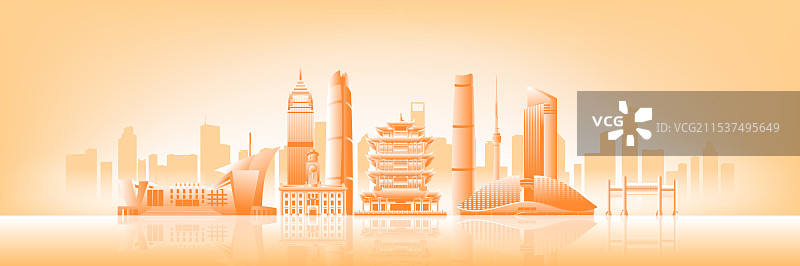 橙色武汉城市建筑科技现代剪影矢量插画海报图片素材