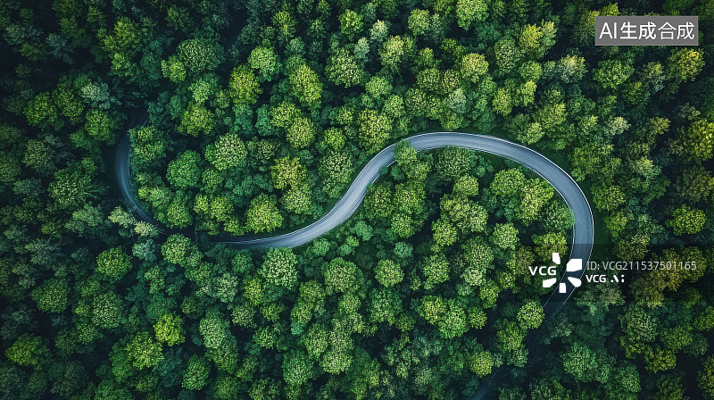 【AI数字艺术】绿色森林盘山公路原生态自然风景图片素材
