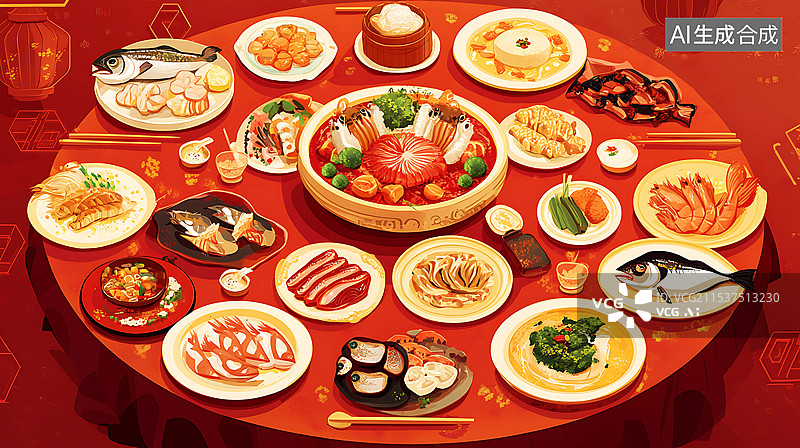 【AI数字艺术】年夜饭圆桌高视角红色背景图图片素材