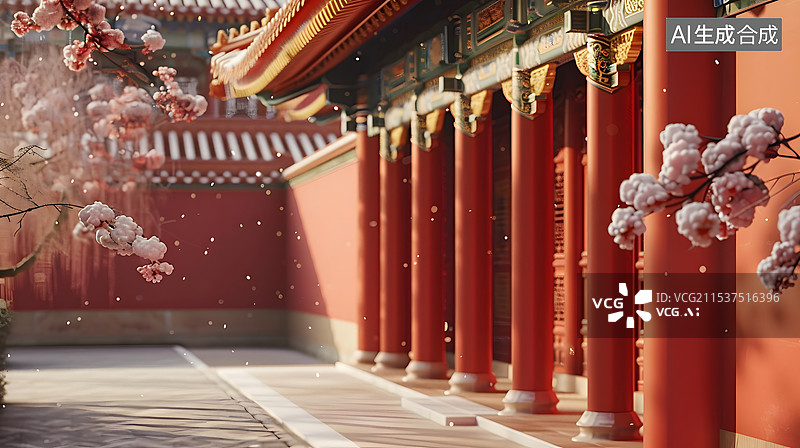 【AI数字艺术】红色宫墙腊梅盛开场景插画图片素材