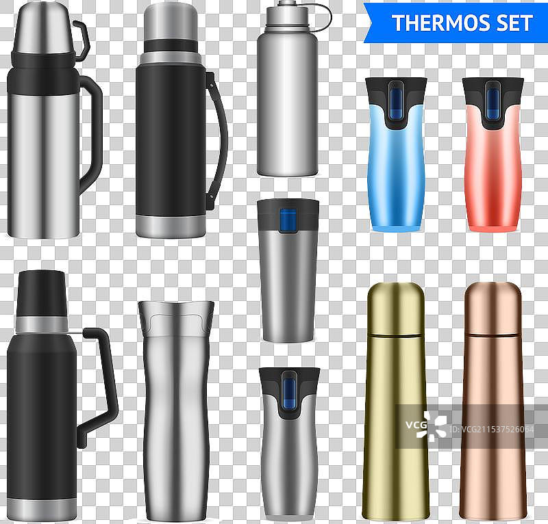 透明的真空保温瓶真实套装图片素材