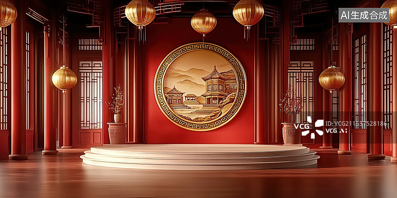 【AI数字艺术】国风中国红室内建筑产品展台图片素材