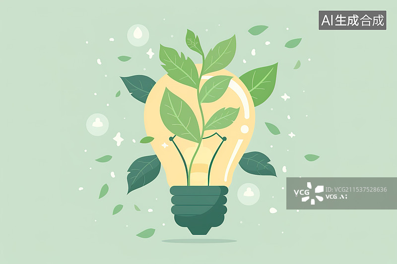 【AI数字艺术】纯色背景下的电灯泡和树叶创意插画——绿色节能概念图片素材