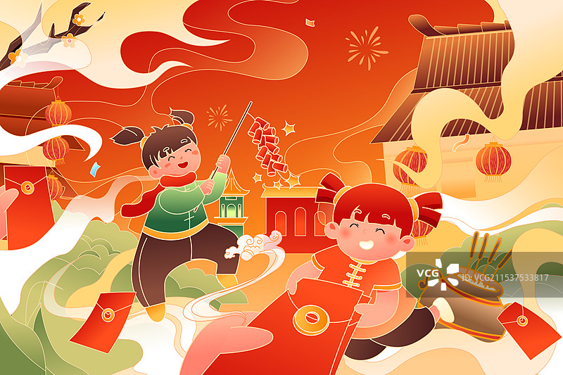 卡通蛇年新年元旦春节过年迎财神春运出行拜年消费电商年货节红包家人亲子团圆聚餐年夜饭中国风国潮矢量插画图片素材