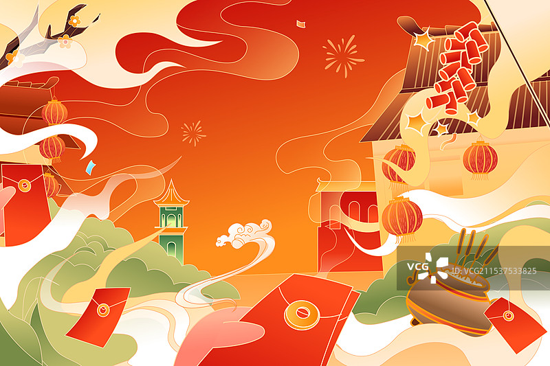 卡通蛇年新年元旦春节过年迎财神春运出行拜年消费电商年货节红包家人亲子团圆聚餐年夜饭中国风国潮矢量插画图片素材