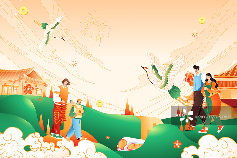 卡通蛇年新年元旦春节过年迎财神春运出行拜年消费电商年货节红包家人亲子团圆聚餐年夜饭中国风国潮矢量插画图片素材