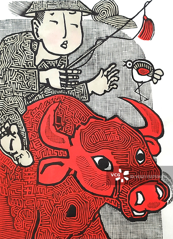 《红牛送福》木版图片素材