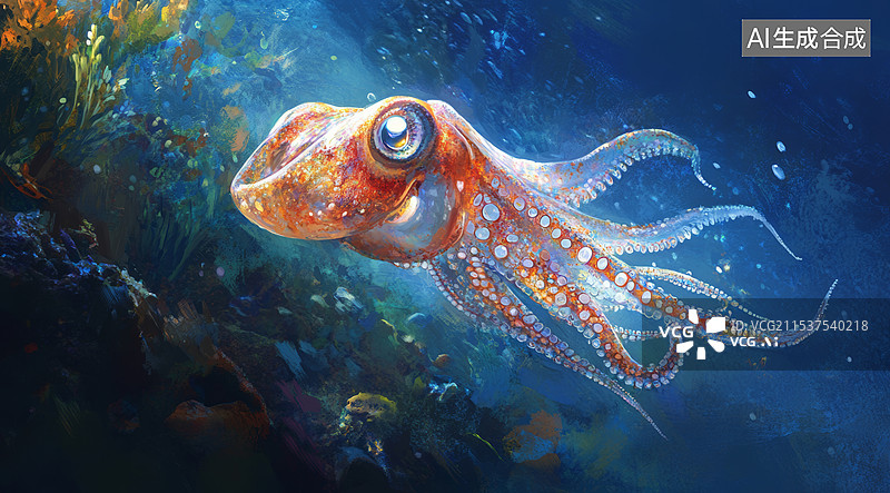 【AI数字艺术】一只章鱼在深海中的特写镜头。章鱼的身体呈现出橙色和白色的斑点，触手卷曲且带有吸盘，背景是纯黑色图片素材