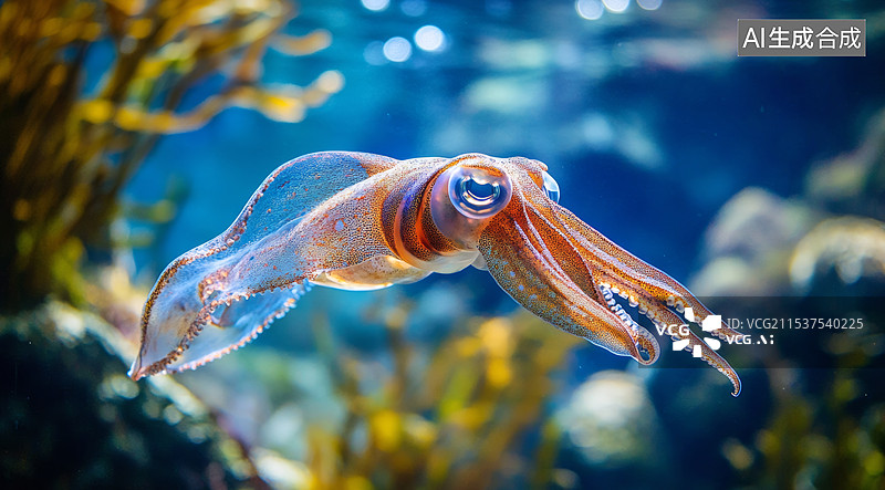 【AI数字艺术】一只章鱼在深海中的特写镜头。章鱼的身体呈现出橙色和白色的斑点，触手卷曲且带有吸盘，背景是纯黑色图片素材