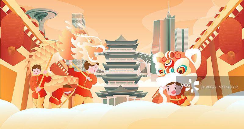 合肥建筑舞龙舞狮喜庆中式街道横版插画图片素材