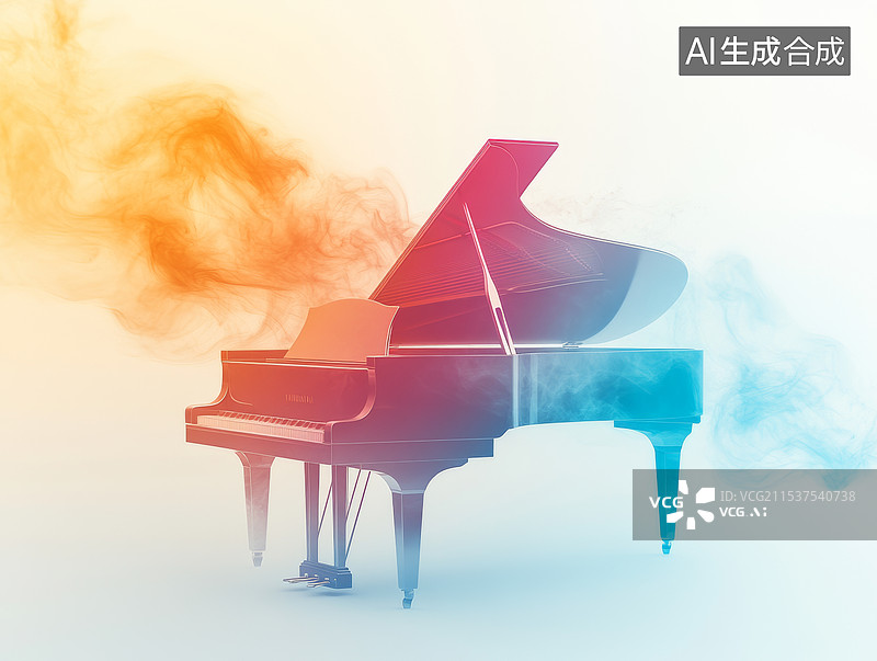 【AI数字艺术】一架钢琴，背景是渐变的色彩，从橙色到蓝色。钢琴周围有烟雾效果，左侧是橙色的烟雾，右侧是蓝色的烟雾，整图片素材
