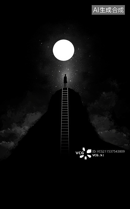 【AI数字艺术】一个站在梯子顶端的人，梯子通向夜空中的一轮明月。整个画面充满了神秘和梦幻的氛围图片素材