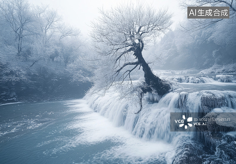 【AI数字艺术】一个冬季的瀑布景观，瀑布部分结冰，周围覆盖着厚厚的积雪。图片素材