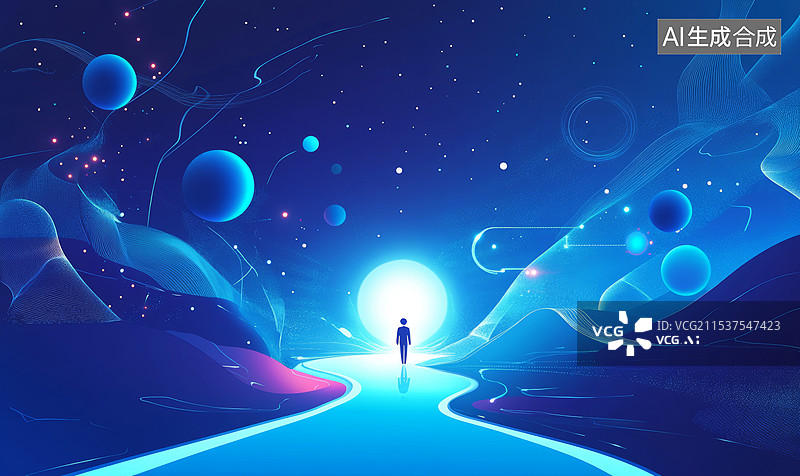 【AI数字艺术】一幅充满未来感和科幻色彩的艺术作品。画面中，一个人站在一条通向发光门的道路上，周围环绕着蓝色的星球图片素材