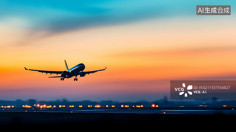 【AI数字艺术】飞机在夕阳下起飞降落图片素材