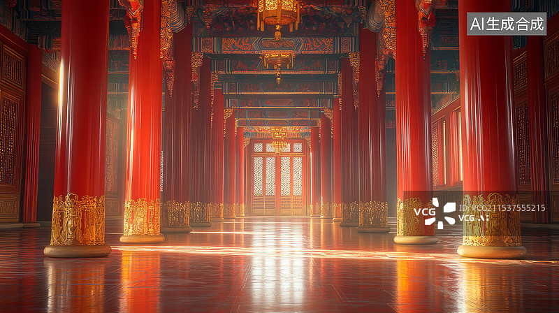 【AI数字艺术】大气唯美中国古代宫殿内部建筑光影图片素材
