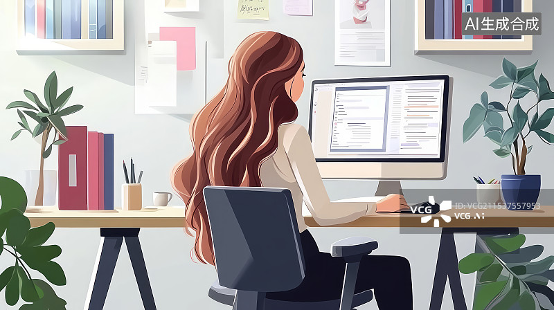 【AI数字艺术】职场女性在电脑前工作办公场景扁平化插画图片素材