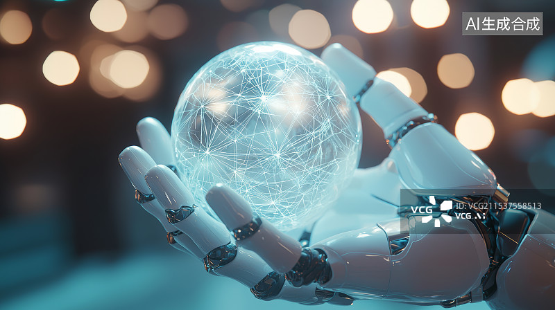 【AI数字艺术】机器人手掌托起数据光球科技概念图片素材
