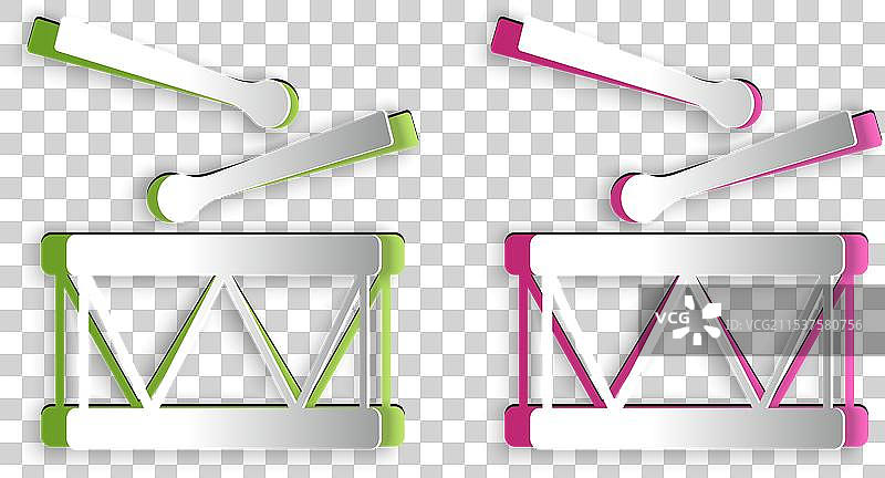 剪纸风格的鼓与鼓棒图标，孤立于背景上图片素材