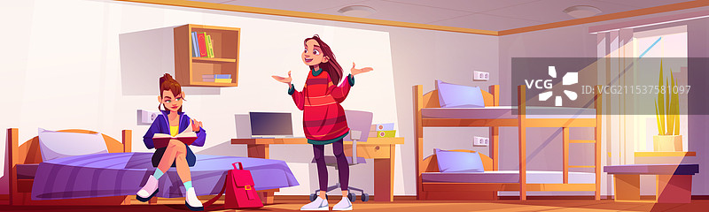 两个女学生在宿舍卧室里交谈图片素材