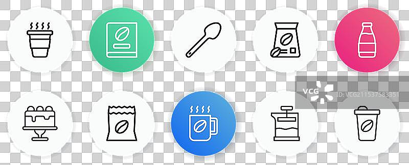 咖啡杯、牛奶瓶、蛋糕和法式压滤壶的排列图片素材