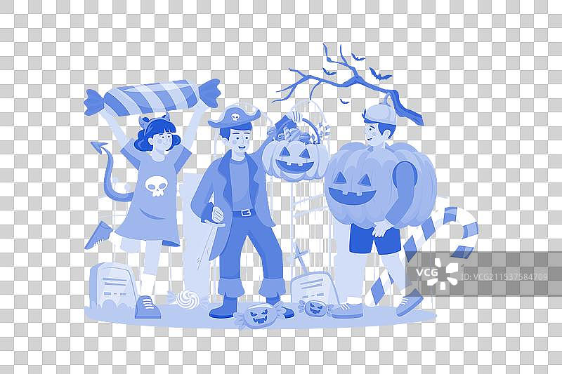 三个穿着南瓜服装的孩子庆祝万圣节图片素材