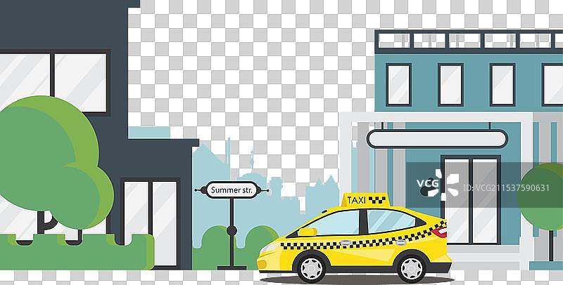 城市道路上的黄色出租车平面图图片素材