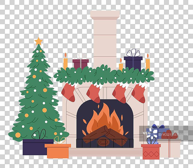 卡通风格的圣诞壁炉，旁边有圣诞树和礼物图片素材