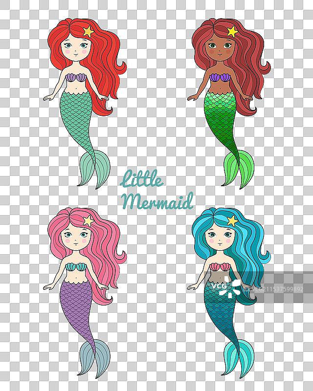 可爱的小美人鱼，长发卡通风格图片素材