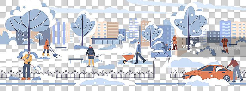 城市中男性和女性市民清理雪。图片素材