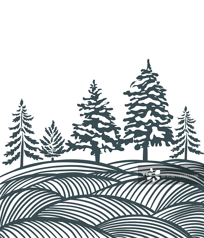 松树在田野中的剪影图形风景图片素材