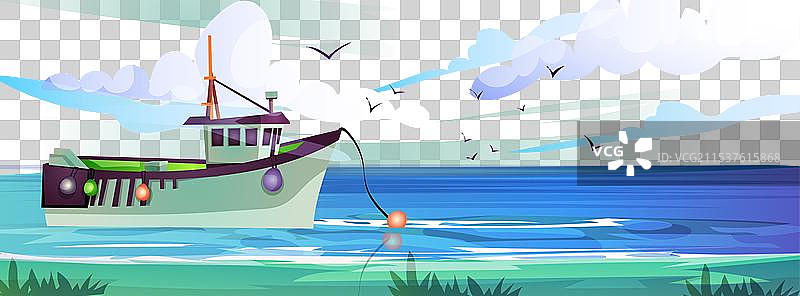 渔船在海水中用网捕捞鱼类图片素材