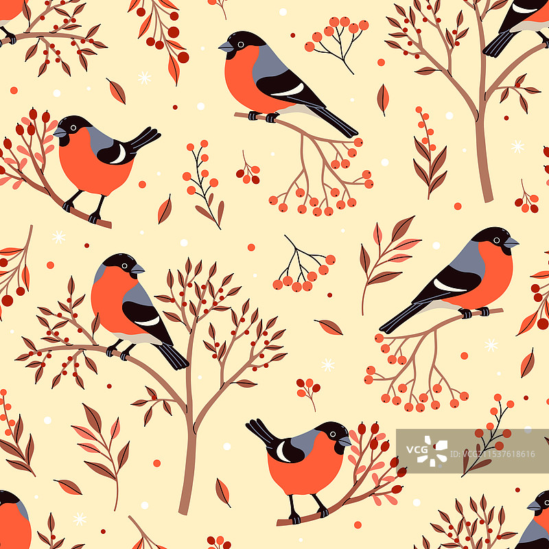 无缝图案，包含红腹灰雀和树枝图片素材