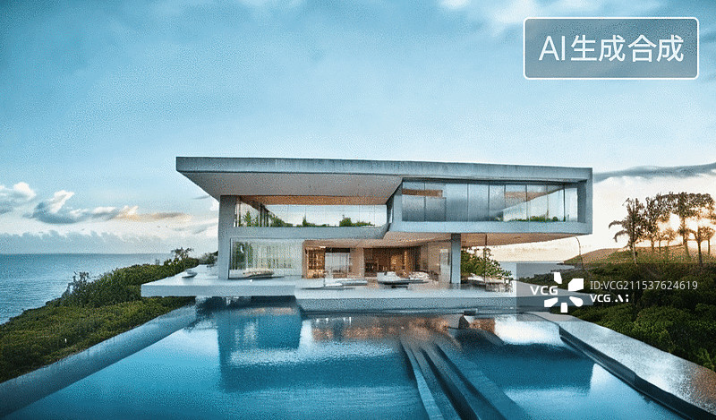 【AI数字艺术】现代海滨别墅图片素材