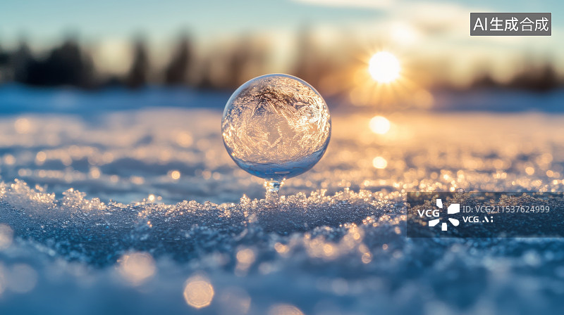 【AI数字艺术】雪地上的发光水晶球图片素材